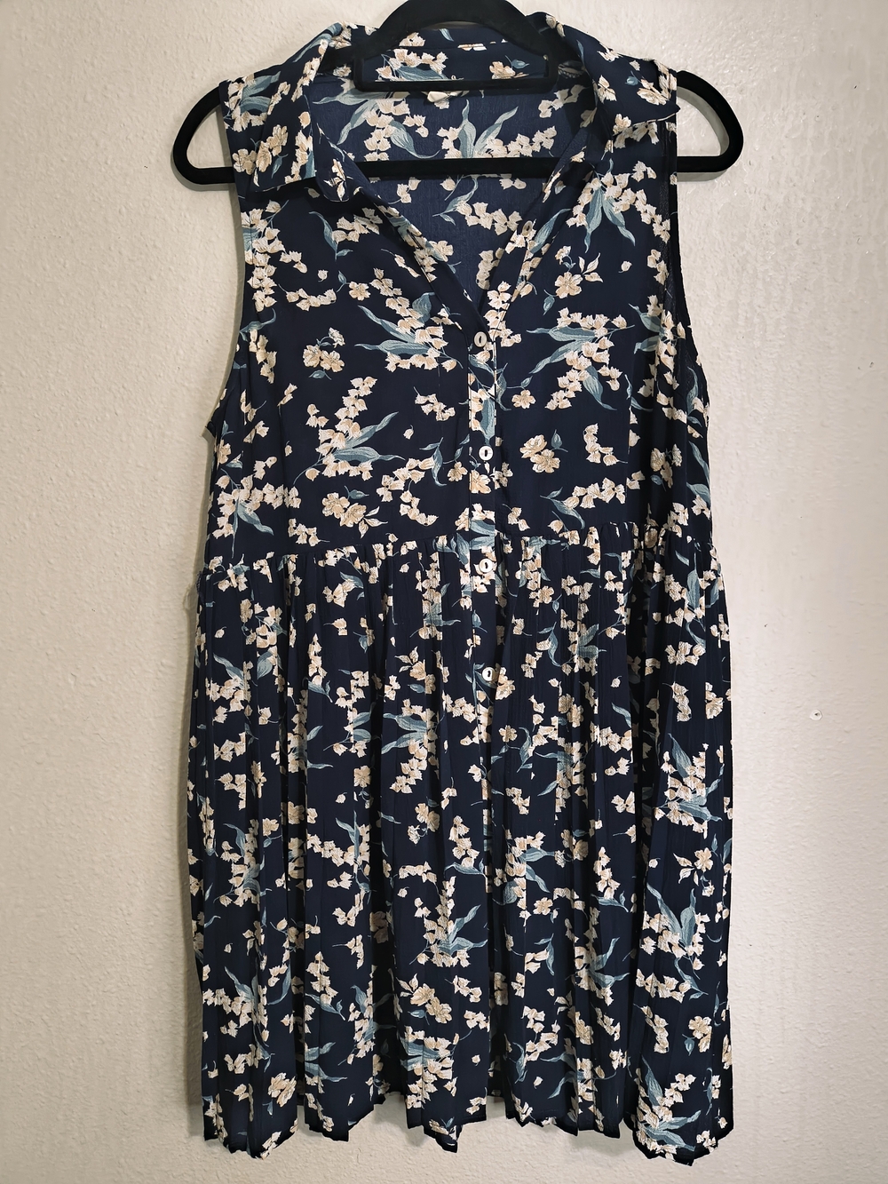 Entro Navy Blue Floral Button Front Midi Dress Sleeveless Collared M